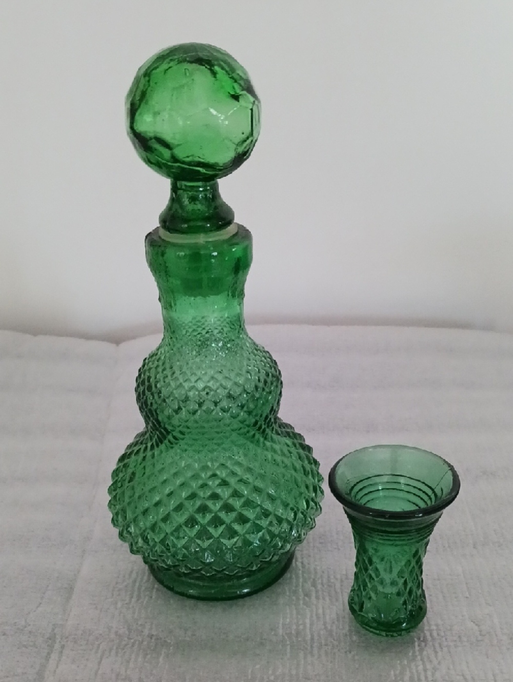 Vintage Empoli Style Green Glass Genie Decanter Bottle Diamond Cut W/ Shot Glass